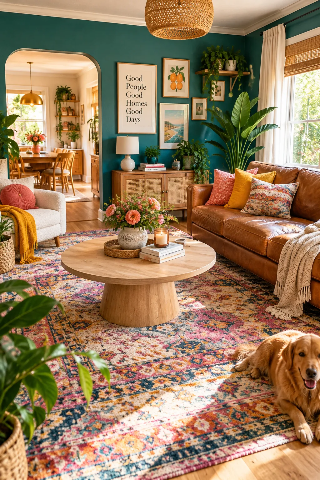 Round light wood coffee table in front of a brown leather sofa