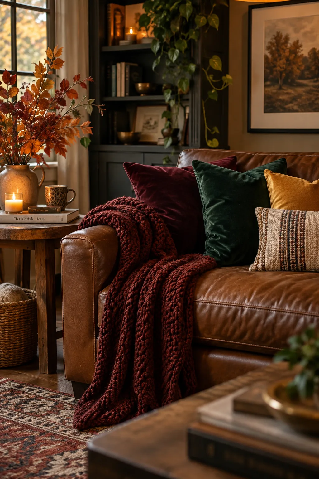 Brown leather sofa decorated with emerald and mustard velvet pillows