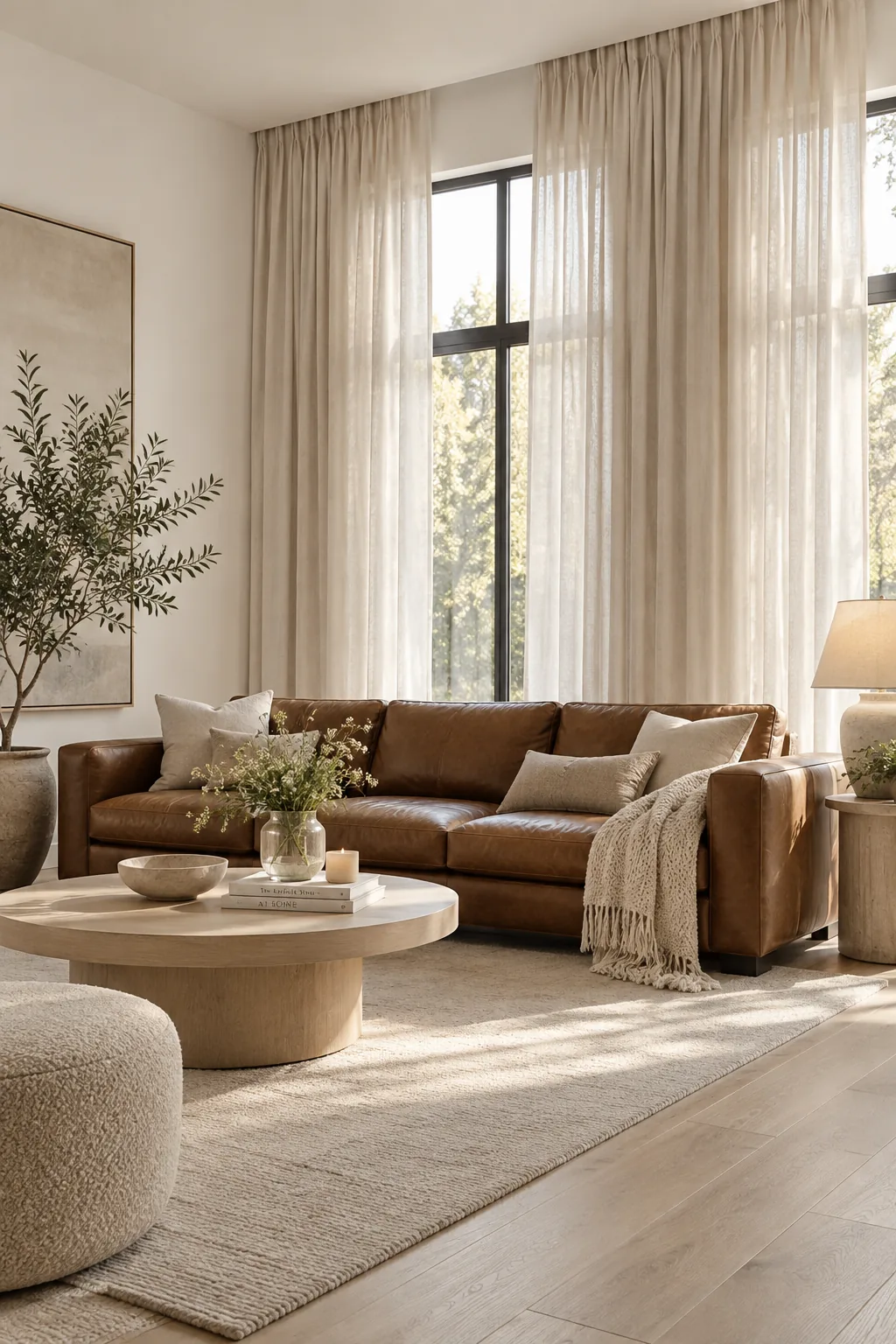 High curtains hanging above a brown leather sofa