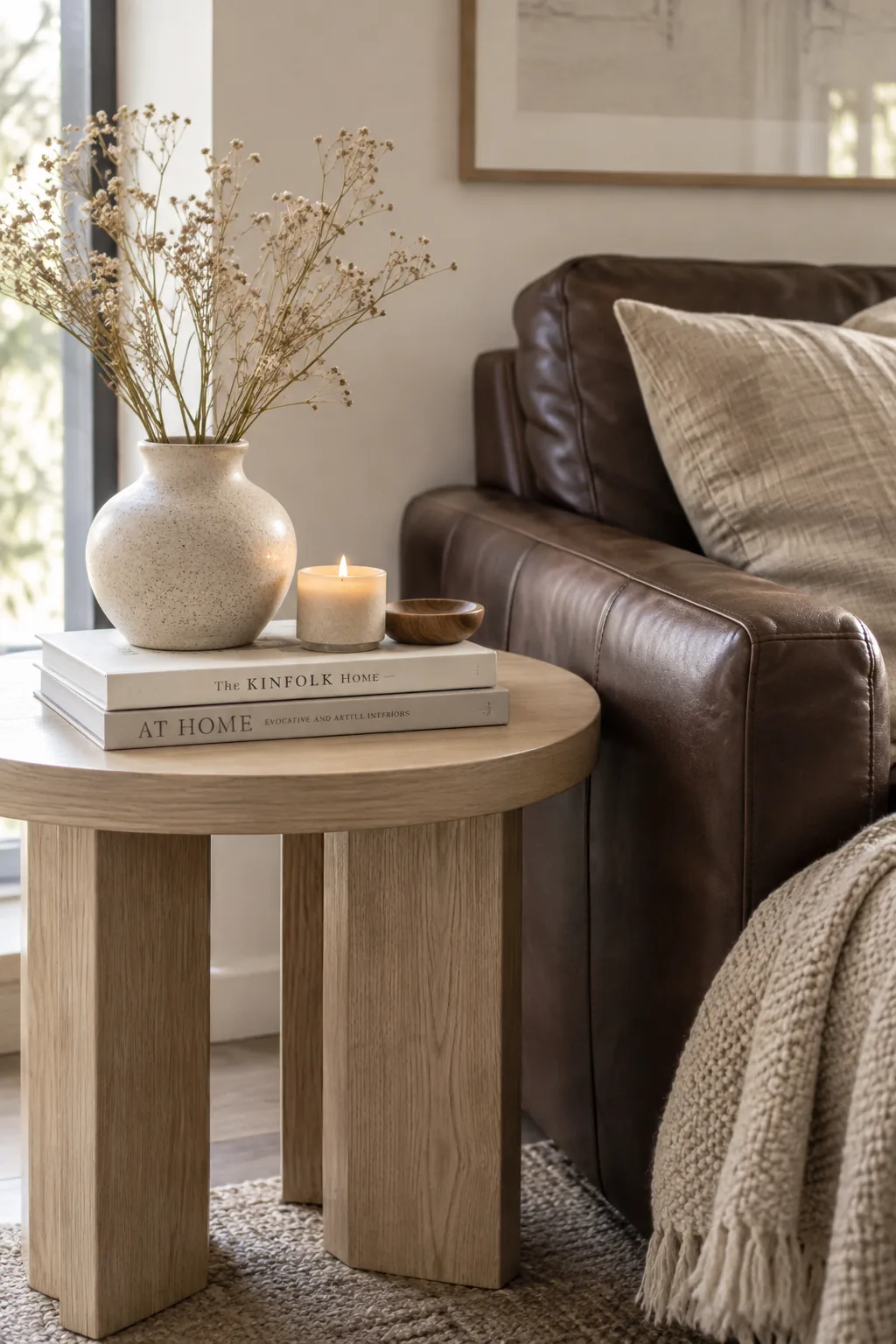 Light camel leather sofa next to a dark walnut side table