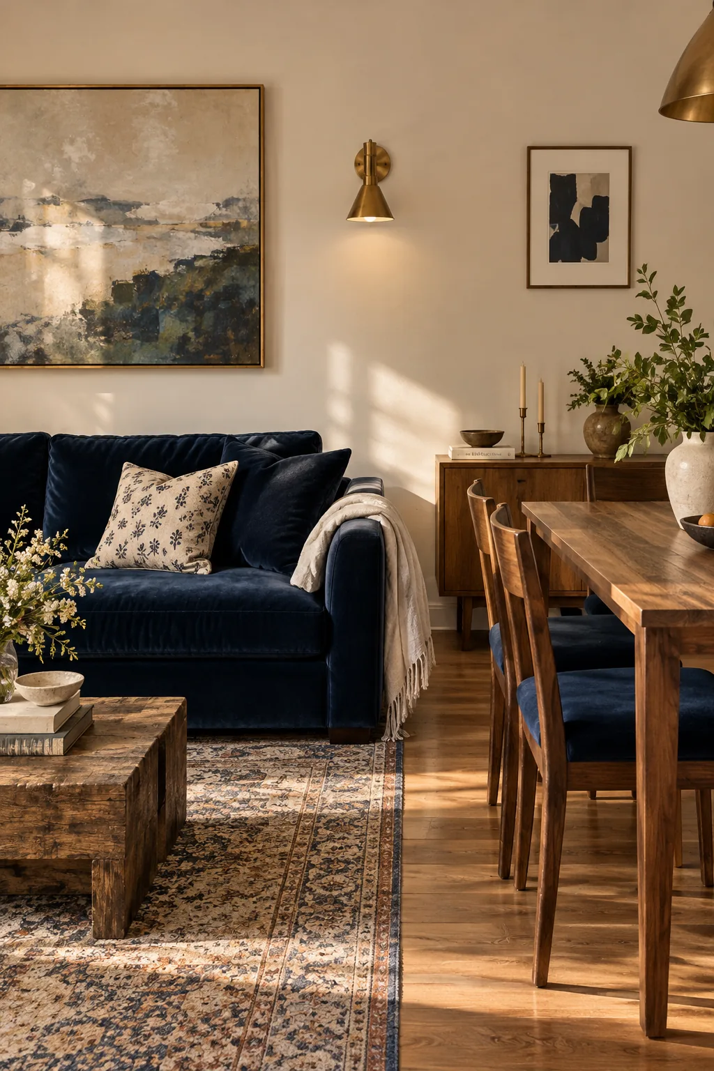 Navy velvet sofa and matching dining chair cushions in an open plan room.