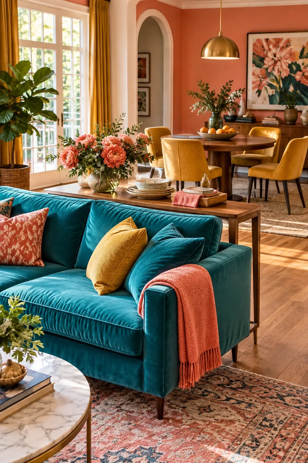 Sofa back facing a wood dining table with a slim console table in between.