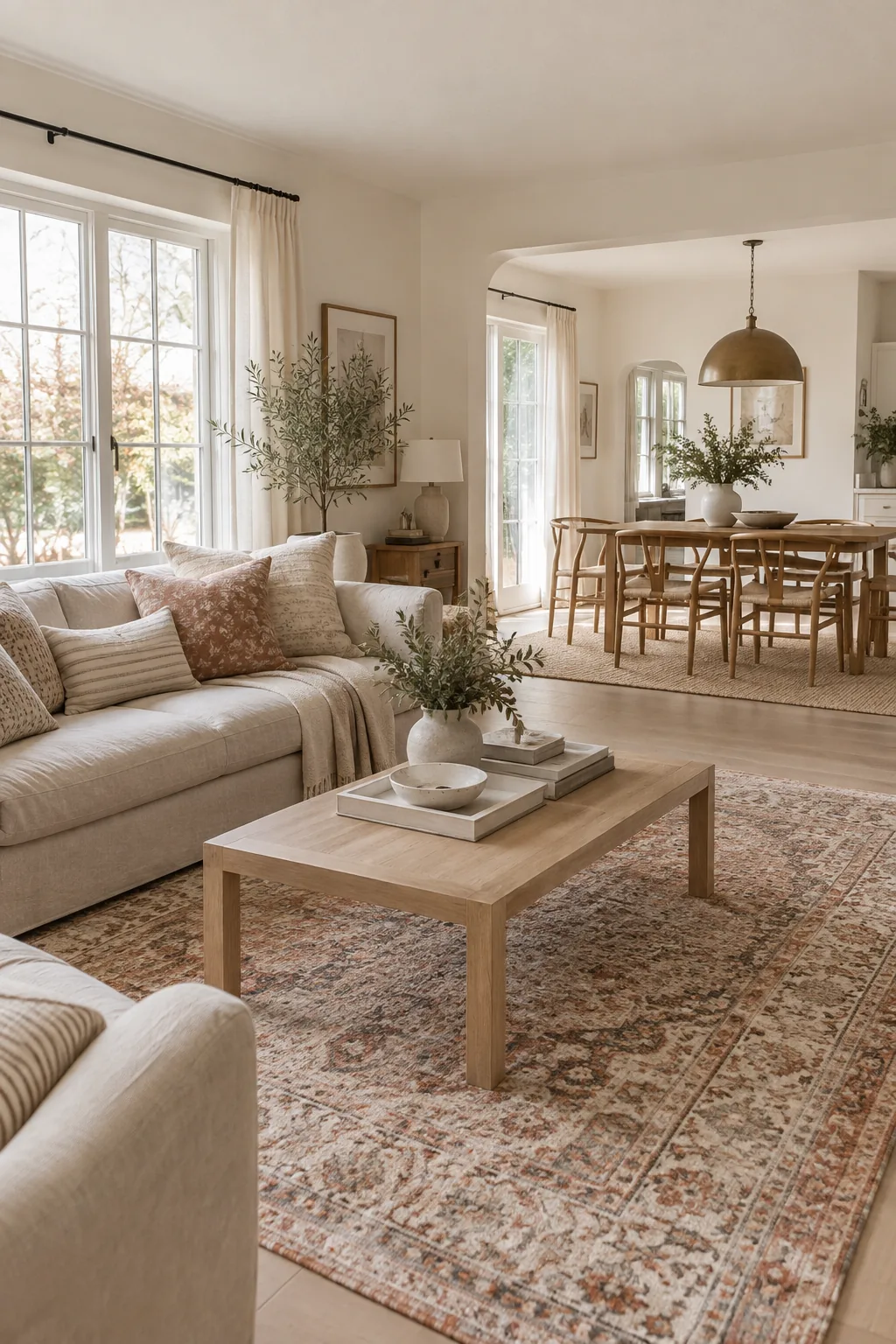 Living area with a vintage rug and dining area with a jute rug.
