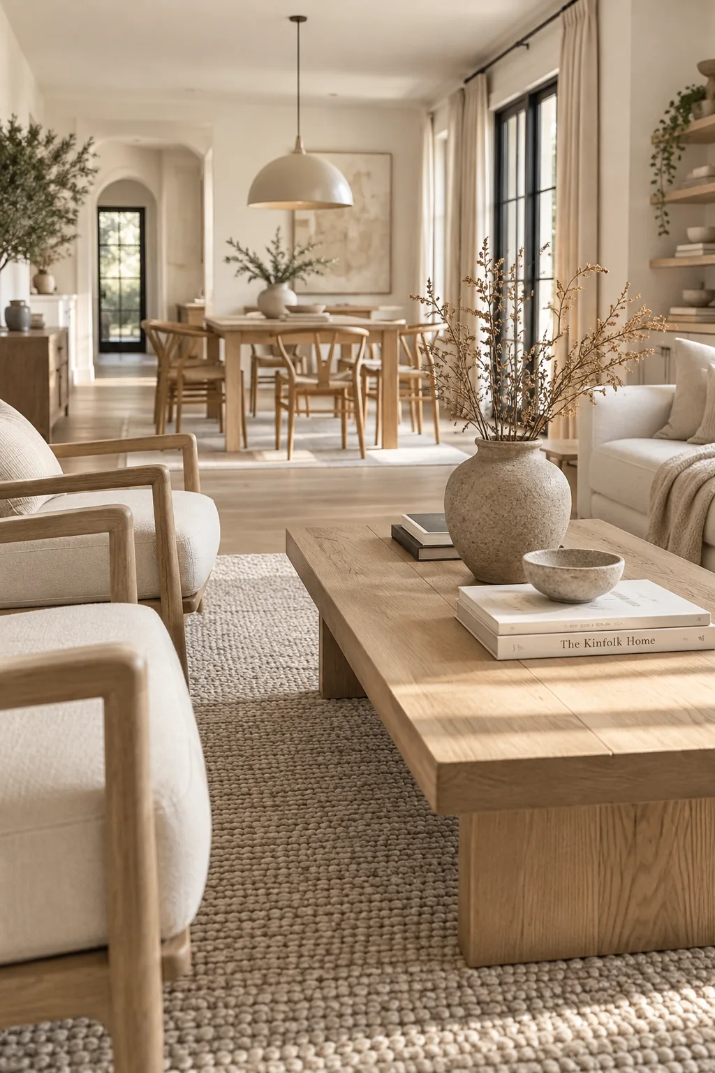 Light oak coffee table matching a light oak dining table in a shared room.