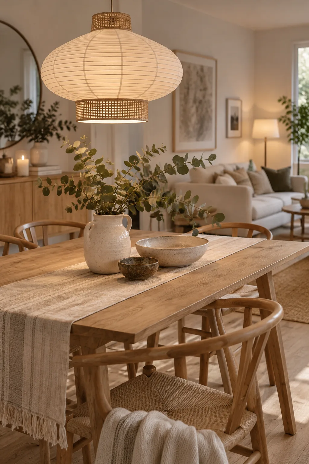 Statement brass chandelier hanging over a round dining table next to a living area.