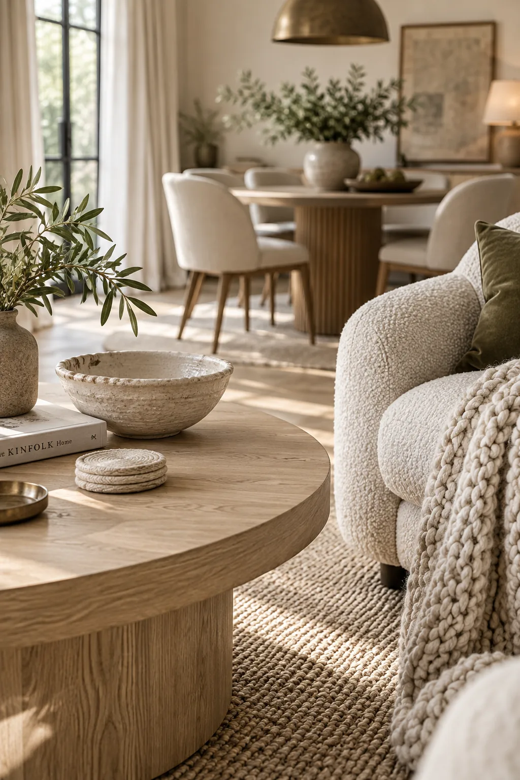 Round coffee table and round dining table in a long narrow room.