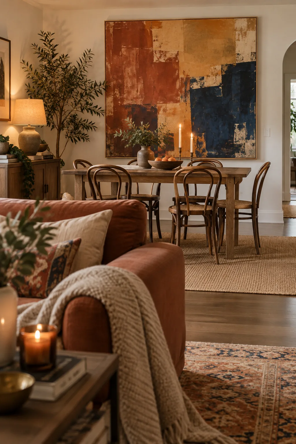 Oversized canvas art hanging on the wall behind a dining table.