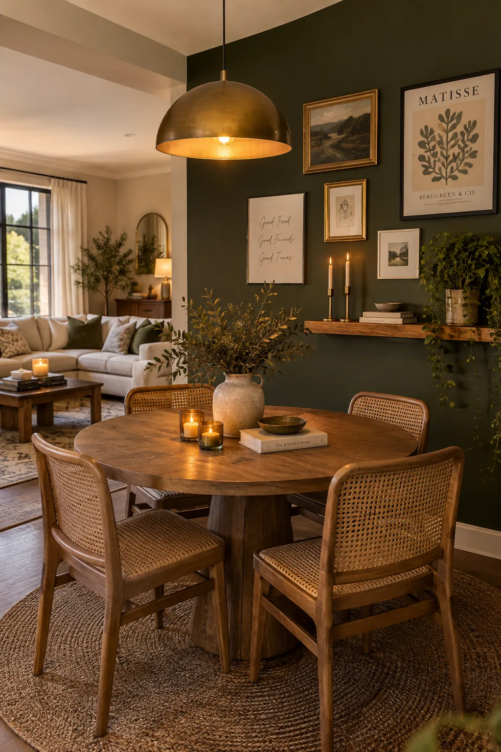 Dark green accent wall behind a dining table in an open concept room.