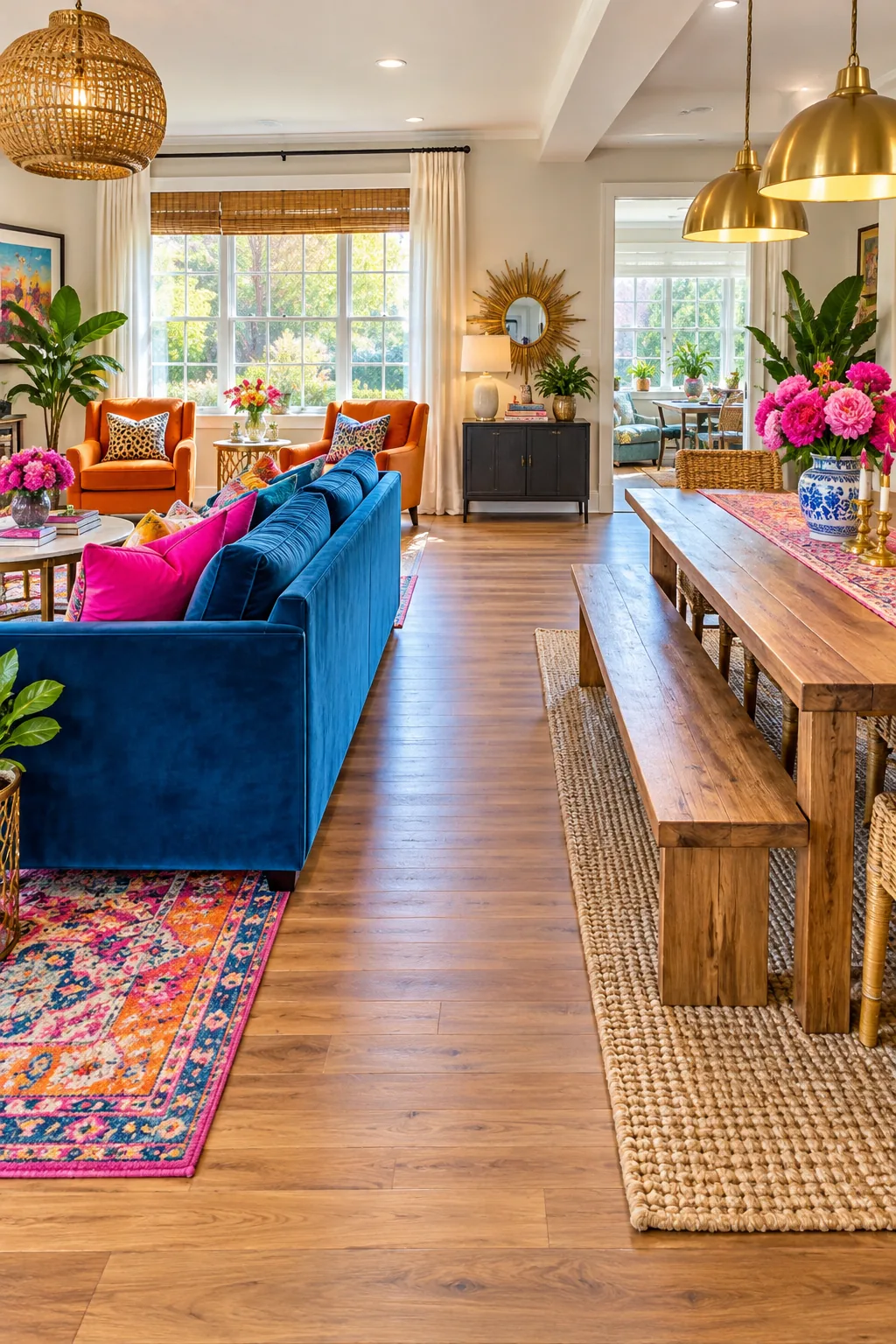 Clear 36 inch walkway between a living room sofa and dining room chairs.