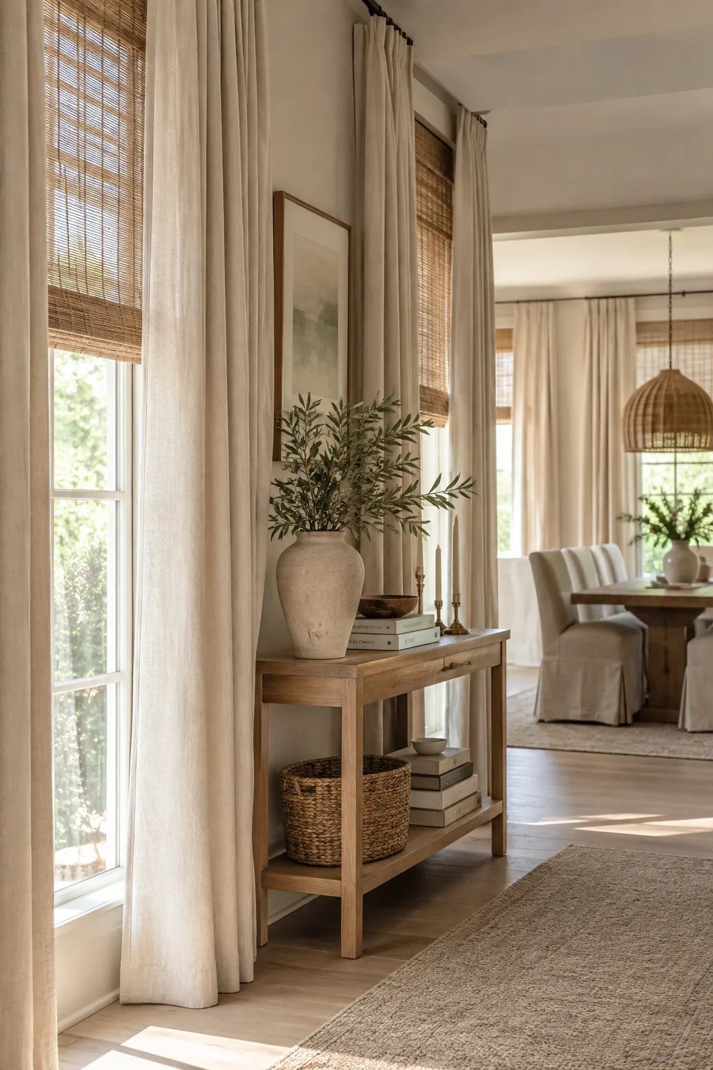 Matching linen curtains hanging across both living and dining room windows.