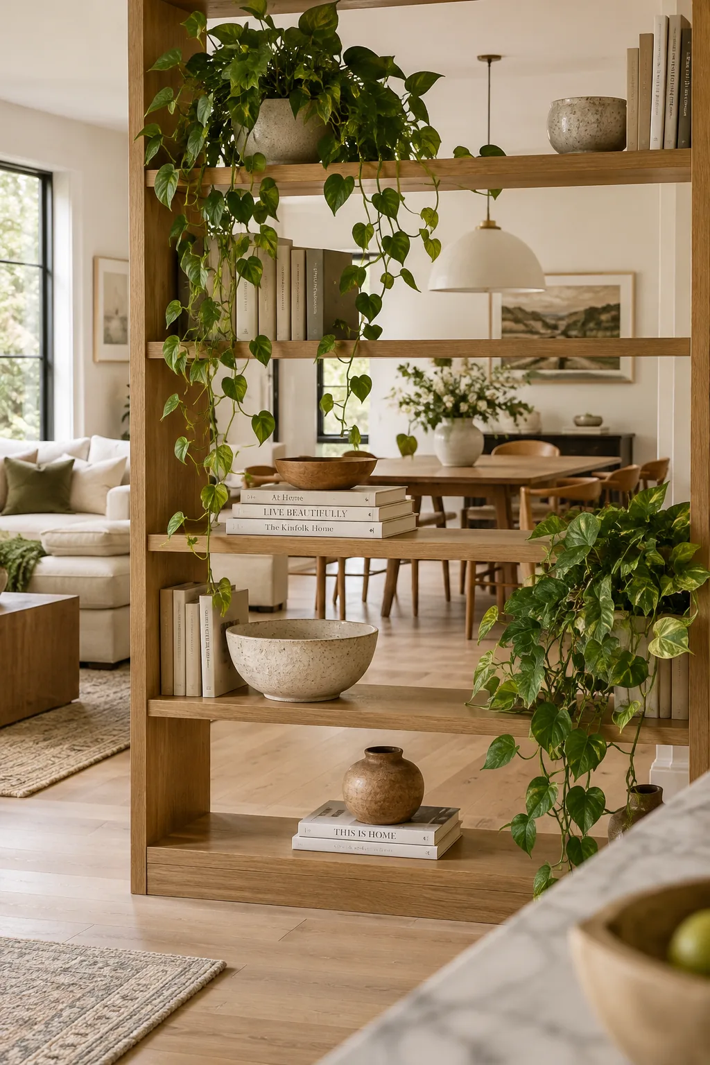 Open wood bookcase acting as a divider between a sofa and a dining table.