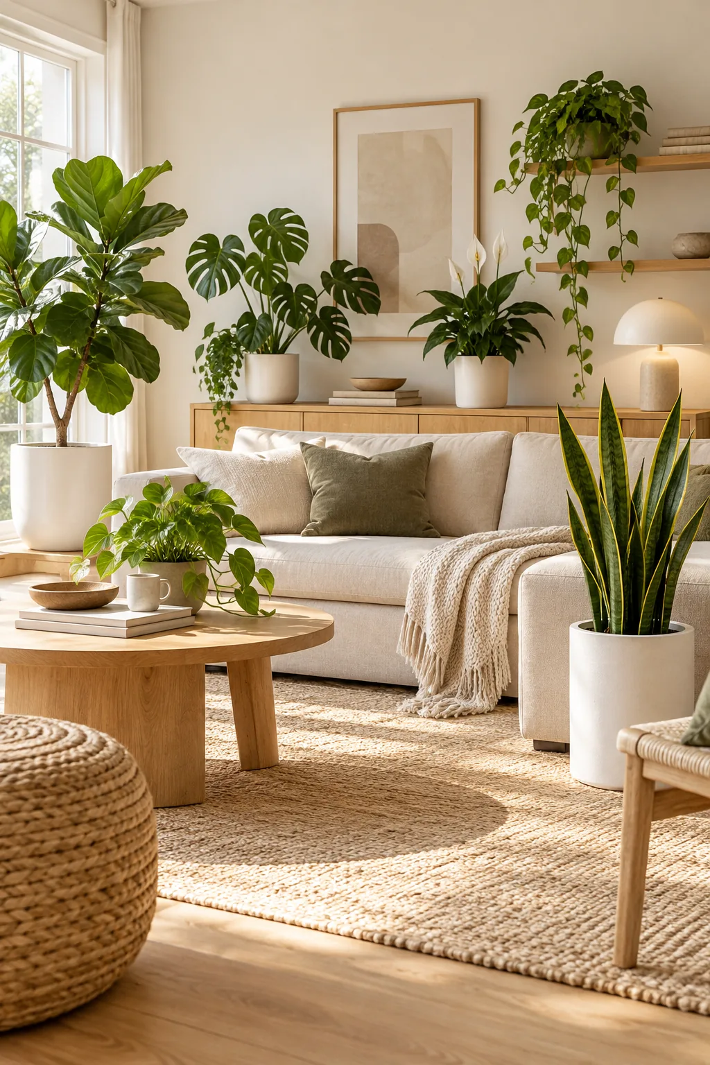 Minimalist living room with birch wood furniture and structured snake plants in matte white pots.