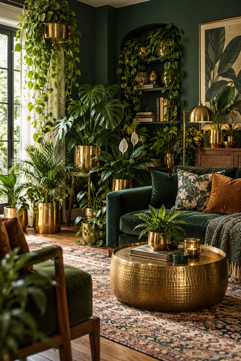 Moody living room with dark green walls filled with dense tropical plants in brass planters.