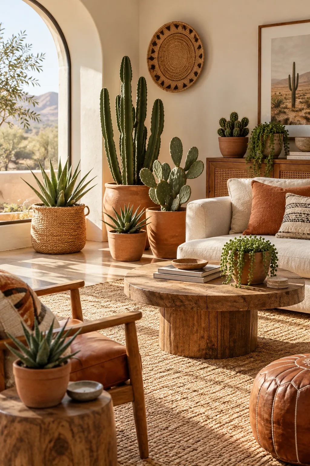 Sun-drenched living room featuring cacti and succulents in raw terracotta pots and woven baskets.