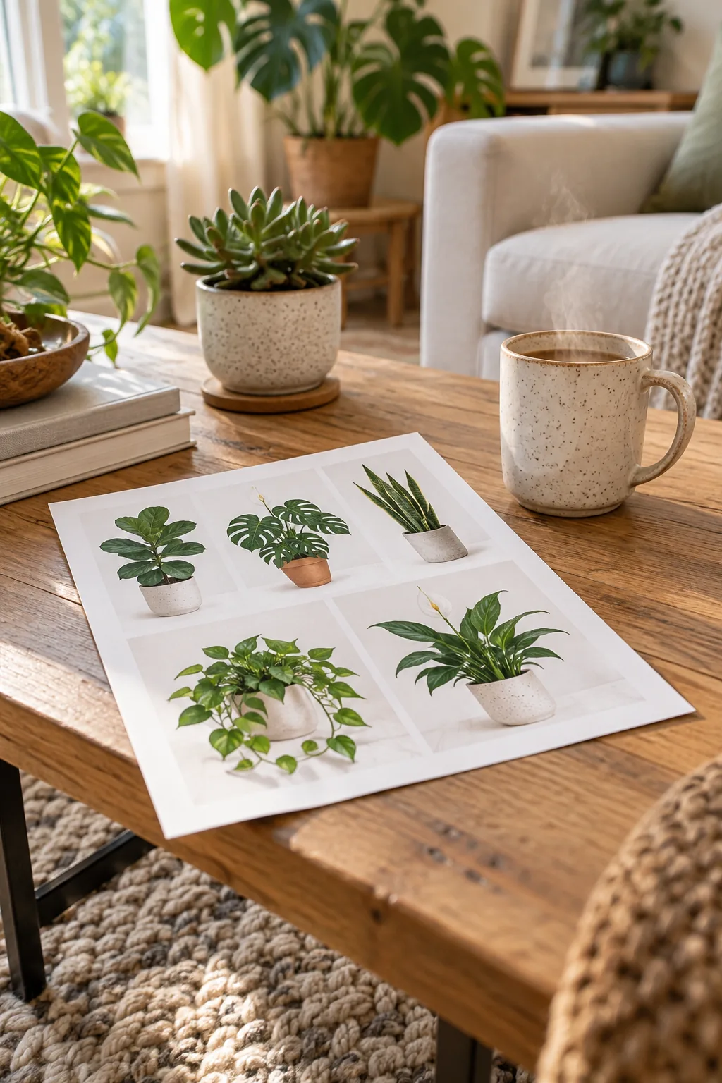 Printed plant care chart resting on a wooden coffee table next to a speckled mug and a small succulent.