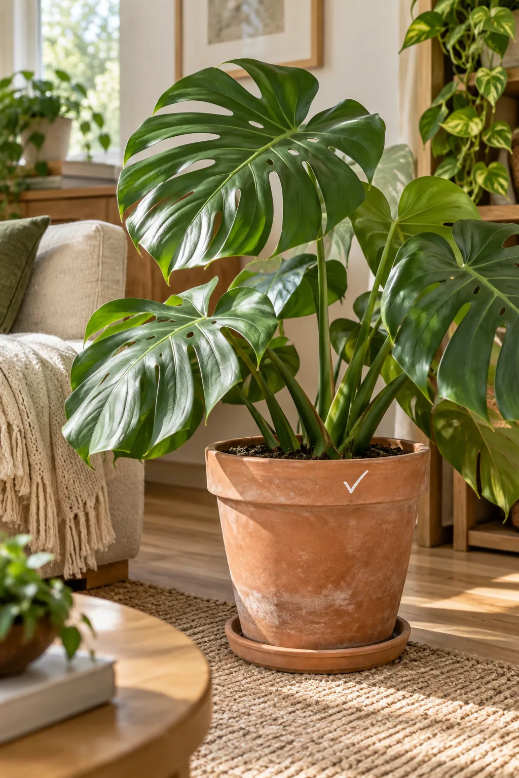 Terracotta pot containing a lush monstera plant with a small white chalk mark on its upper rim.