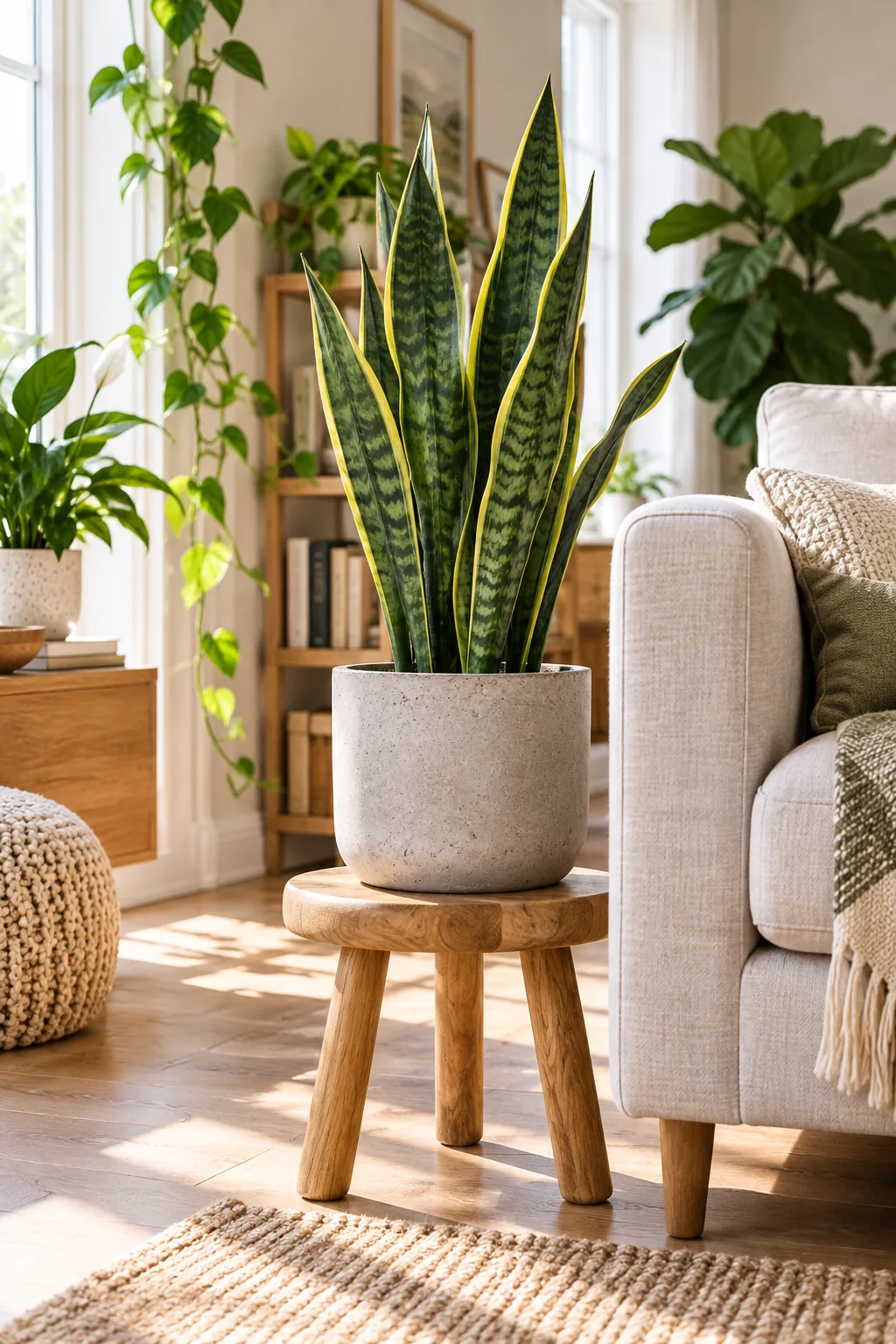 Tall snake plant resting on a small wooden stool right beside the armrest of a light linen sofa.
