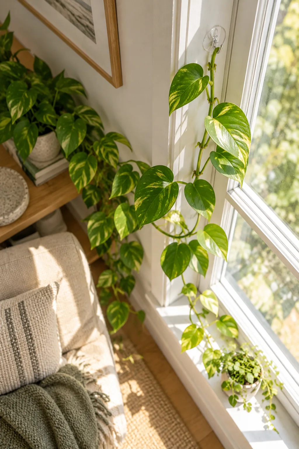 Golden pothos vine draped along a white window frame, supported by a small transparent hook.