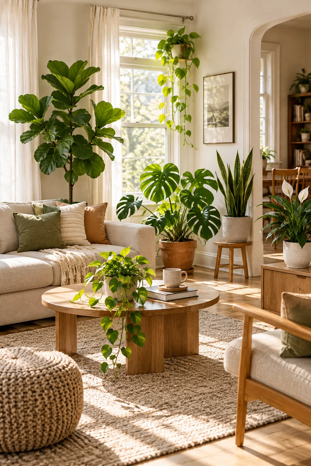 Bright living room corner featuring multiple healthy houseplants arranged at varying heights around a cozy sofa.
