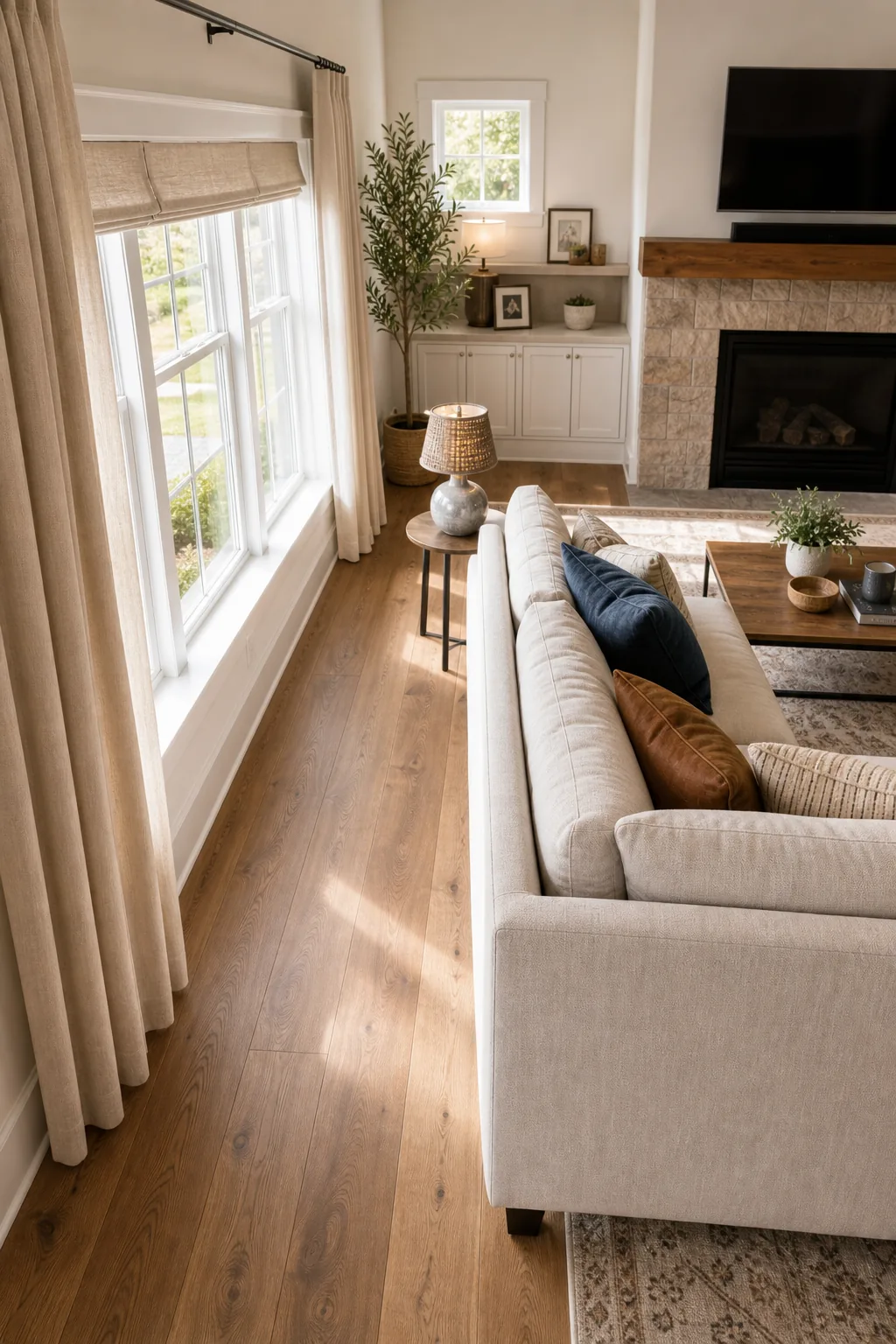 A clear hardwood walkway behind a light neutral sofa, running parallel to a bright window.