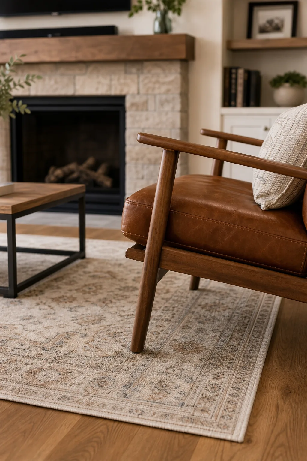 The front wooden legs of a leather accent chair resting on the edge of a patterned area rug.