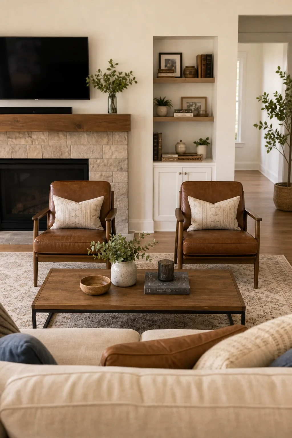 A view across a wood coffee table towards two leather accent chairs facing a light fabric sofa.