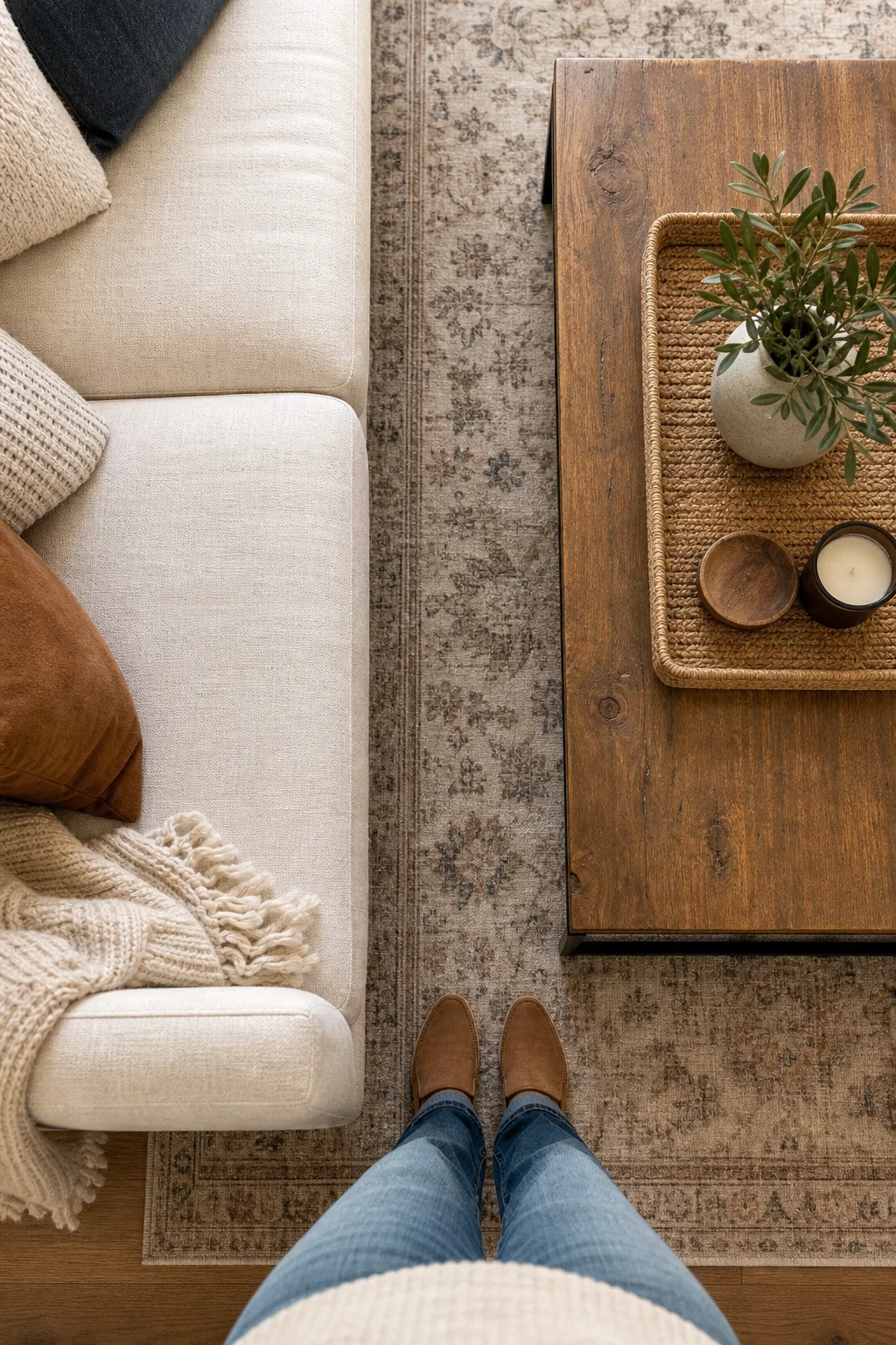 An overhead view showing the spatial gap between a fabric sofa and a wooden coffee table.