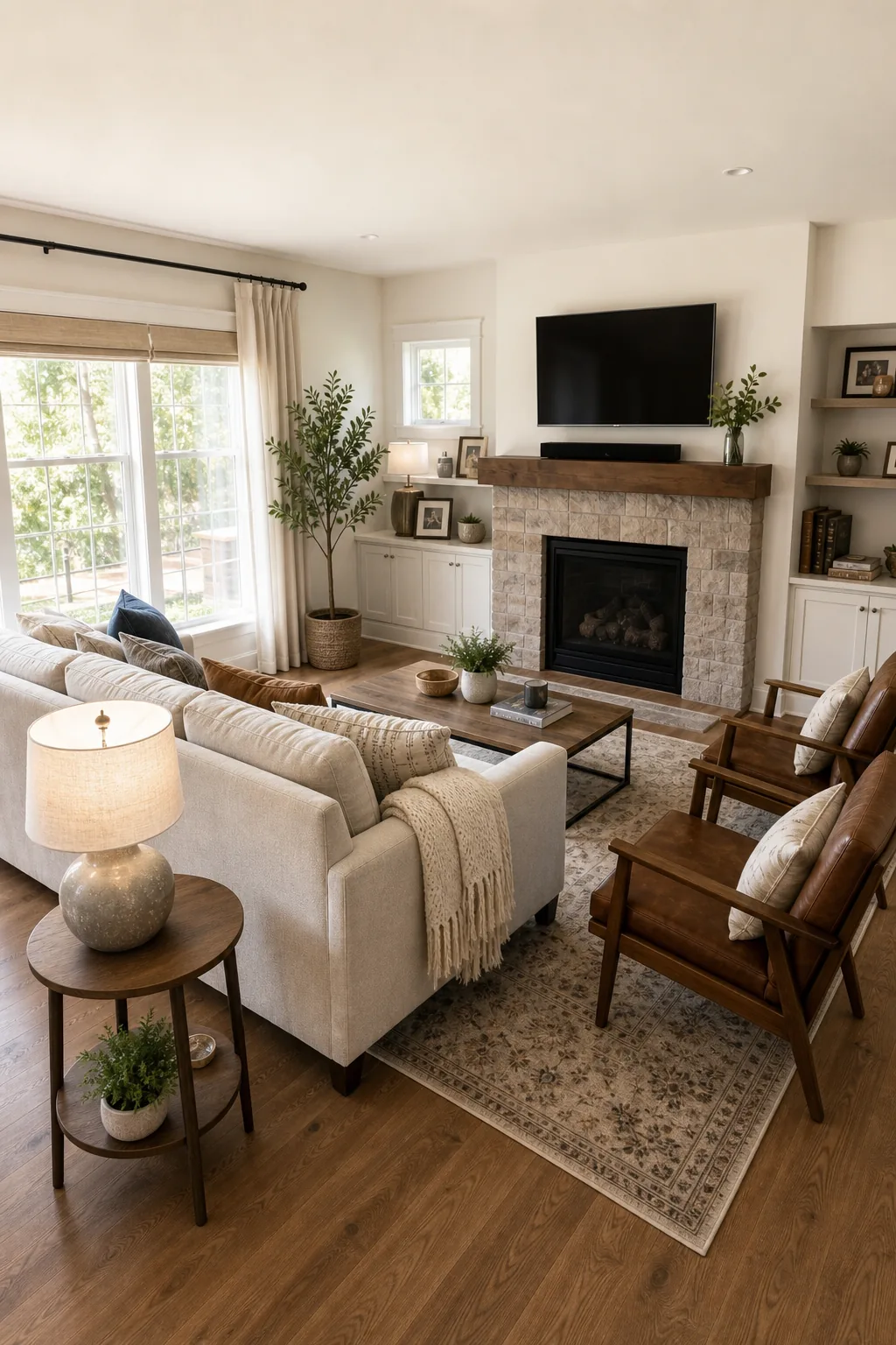 A modern living room where the sofa is perfectly centered on a stone fireplace and television.