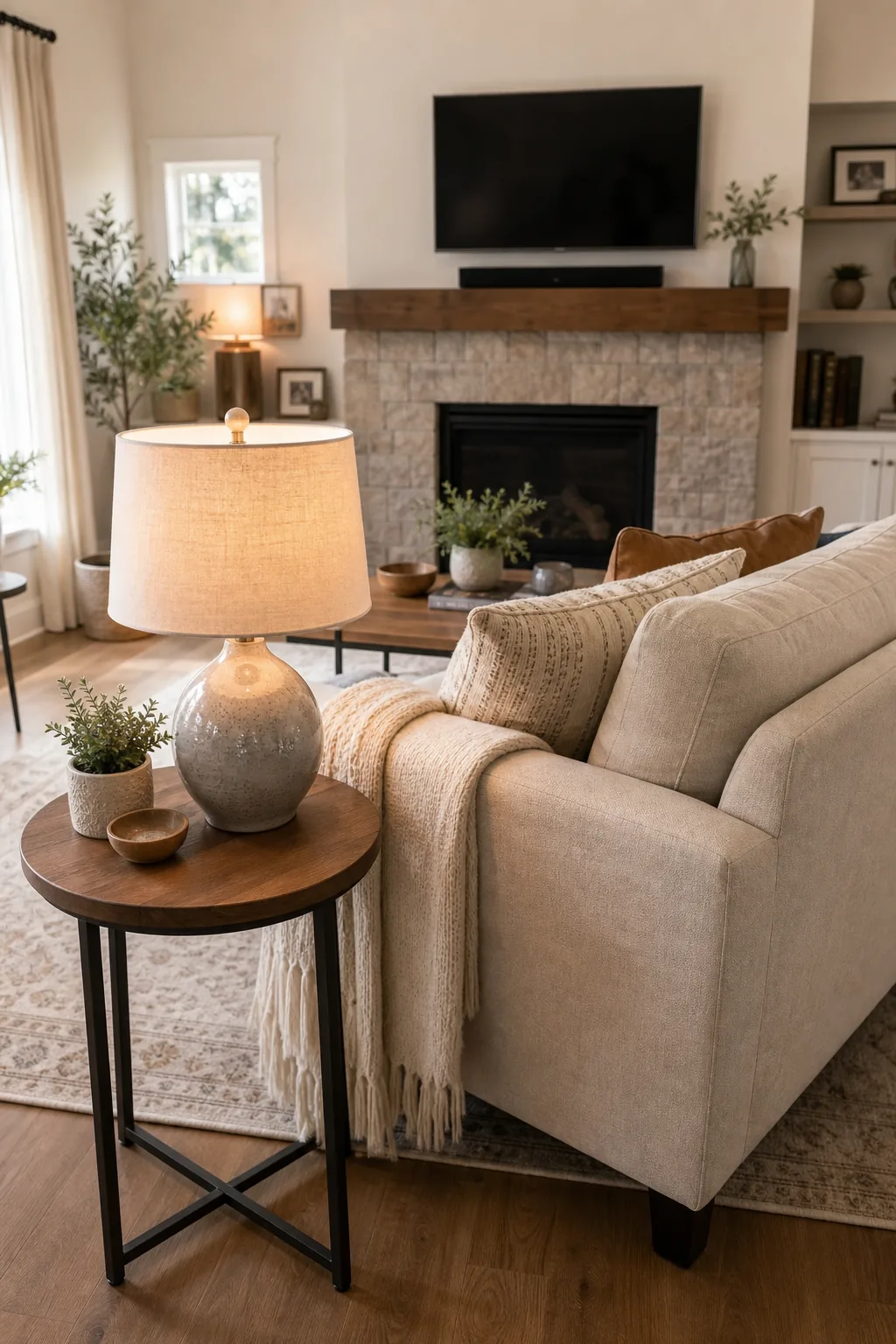 A round wooden side table and lamp placed directly next to the armrest of a light fabric sofa.