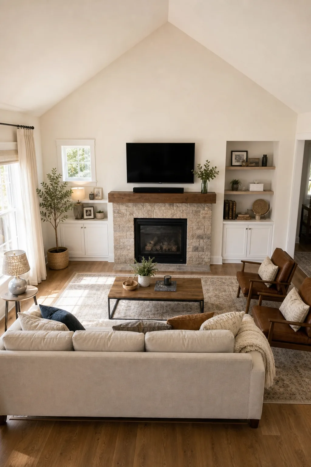 The view from behind a sofa looking across the living room towards a television mounted above a fireplace.