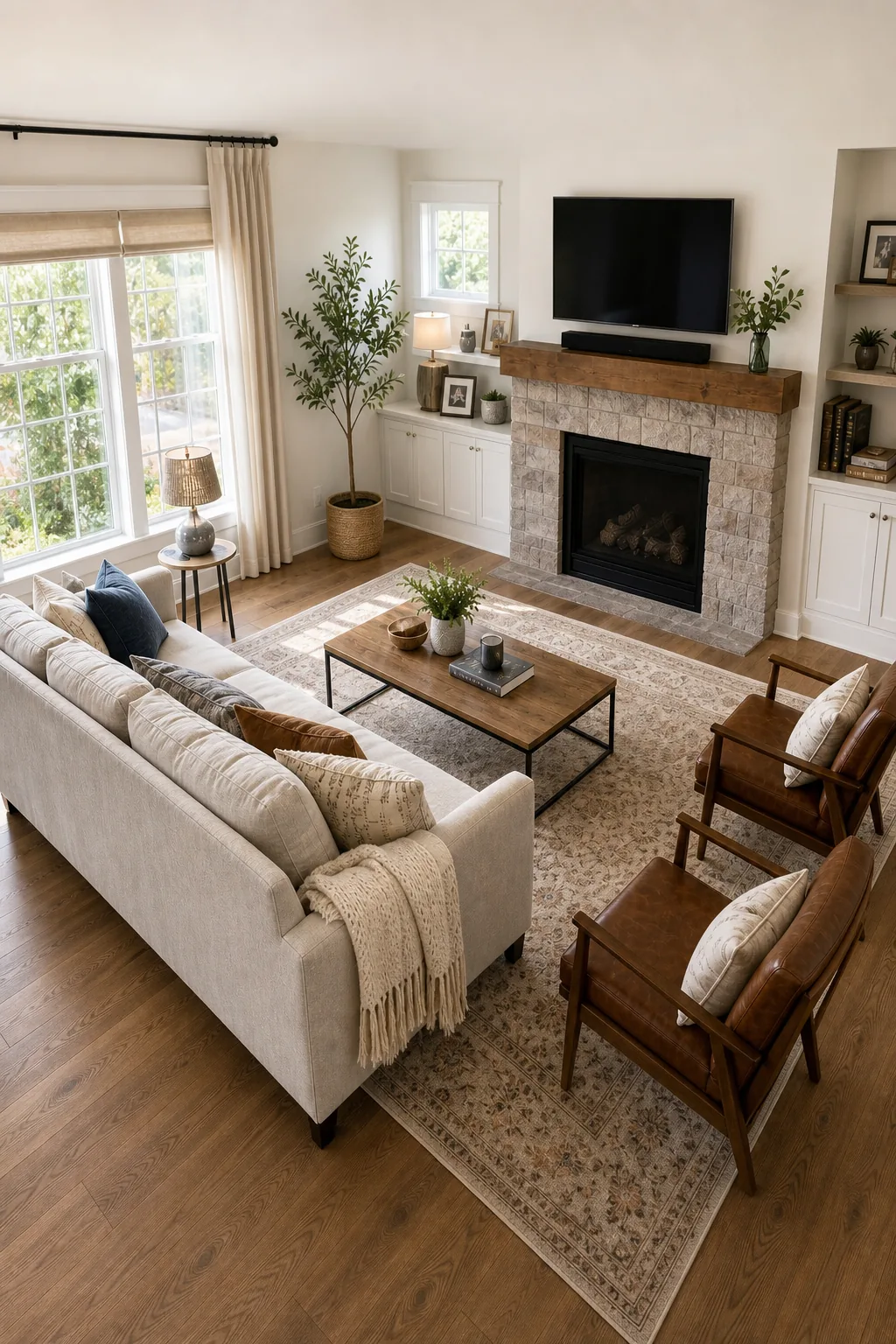 A wide view of a fully furnished living room showing perfectly spaced furniture arranged around a rug and fireplace.