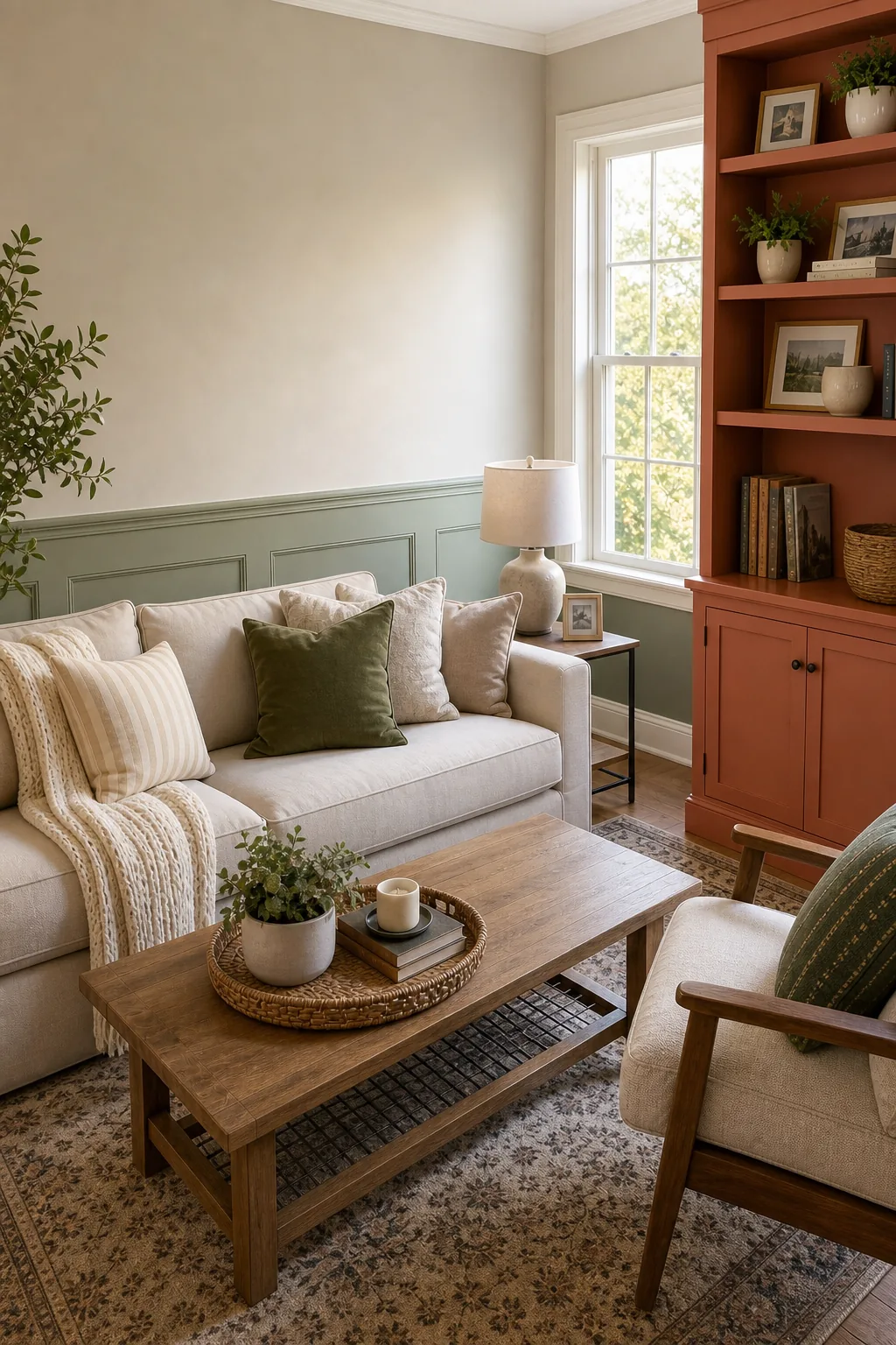 Wide view of a living room showing beige walls, green lower trim, and an orange bookcase.