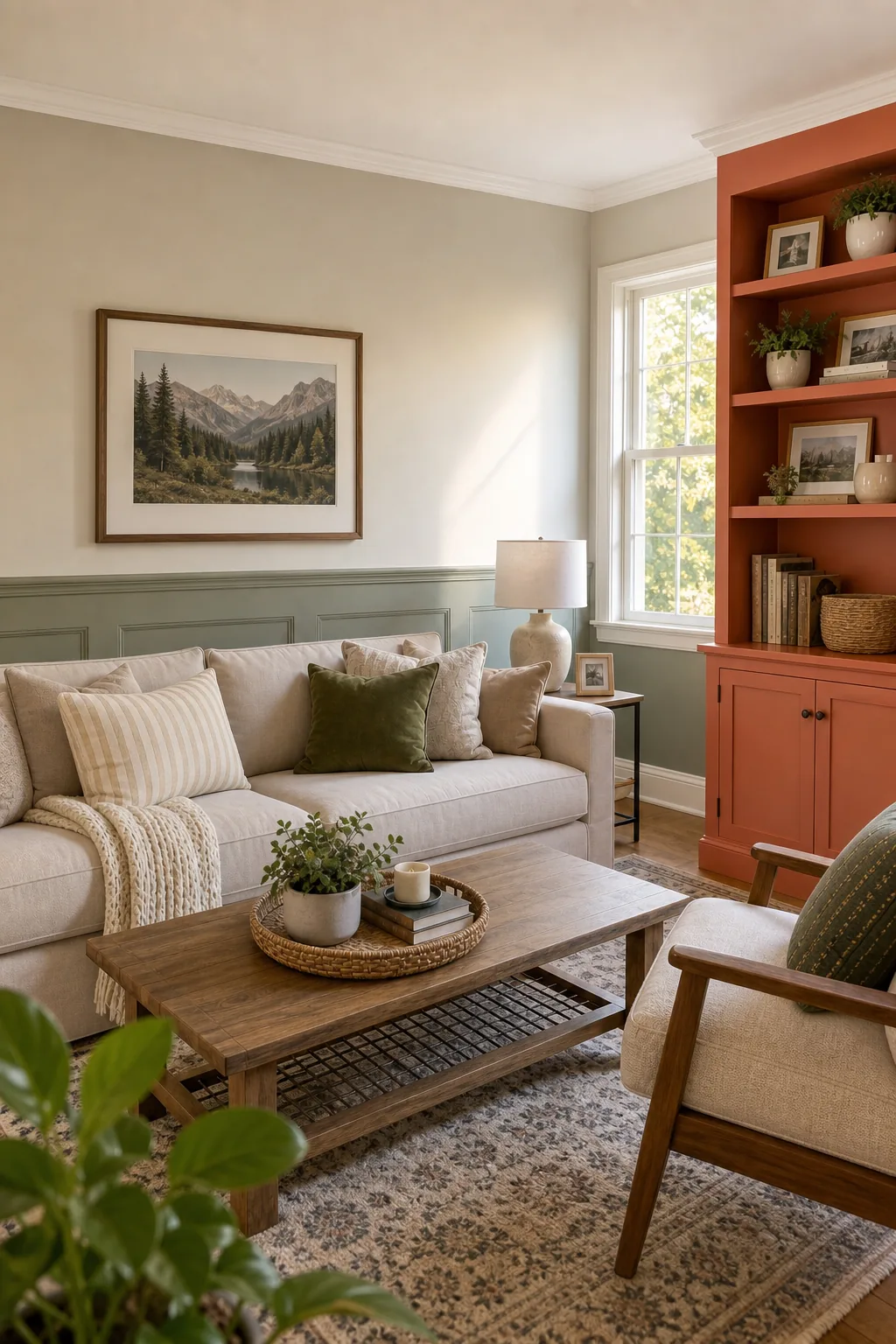 Smooth matte beige painted wall behind a neutral linen sofa with textured pillows.