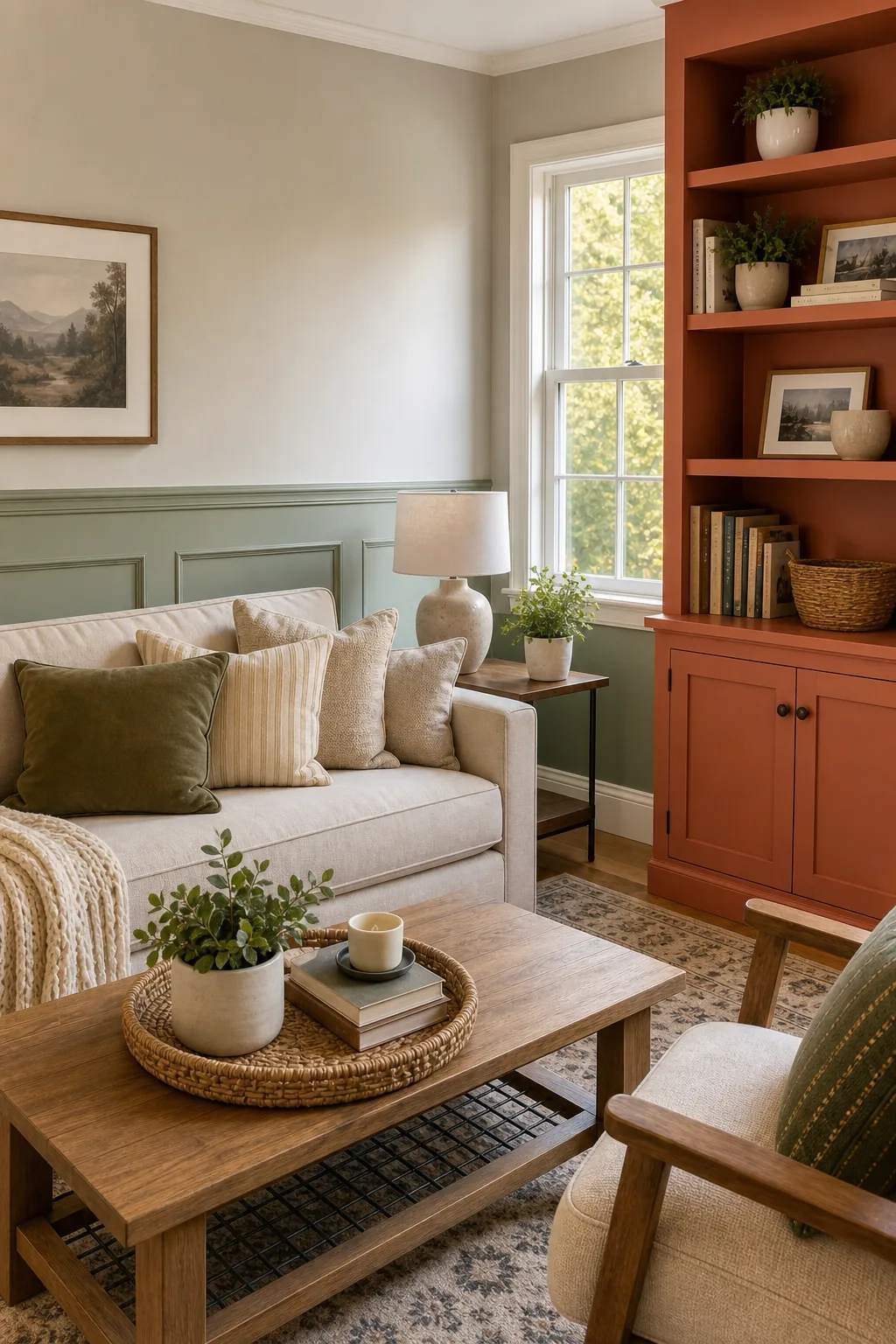 Close-up of sage green painted wainscoting panels and baseboard behind a sofa.