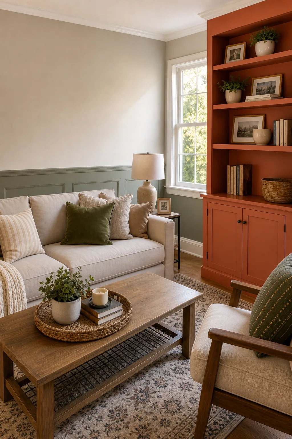 Terracotta painted built-in wooden bookcase styled with small plants and framed art.