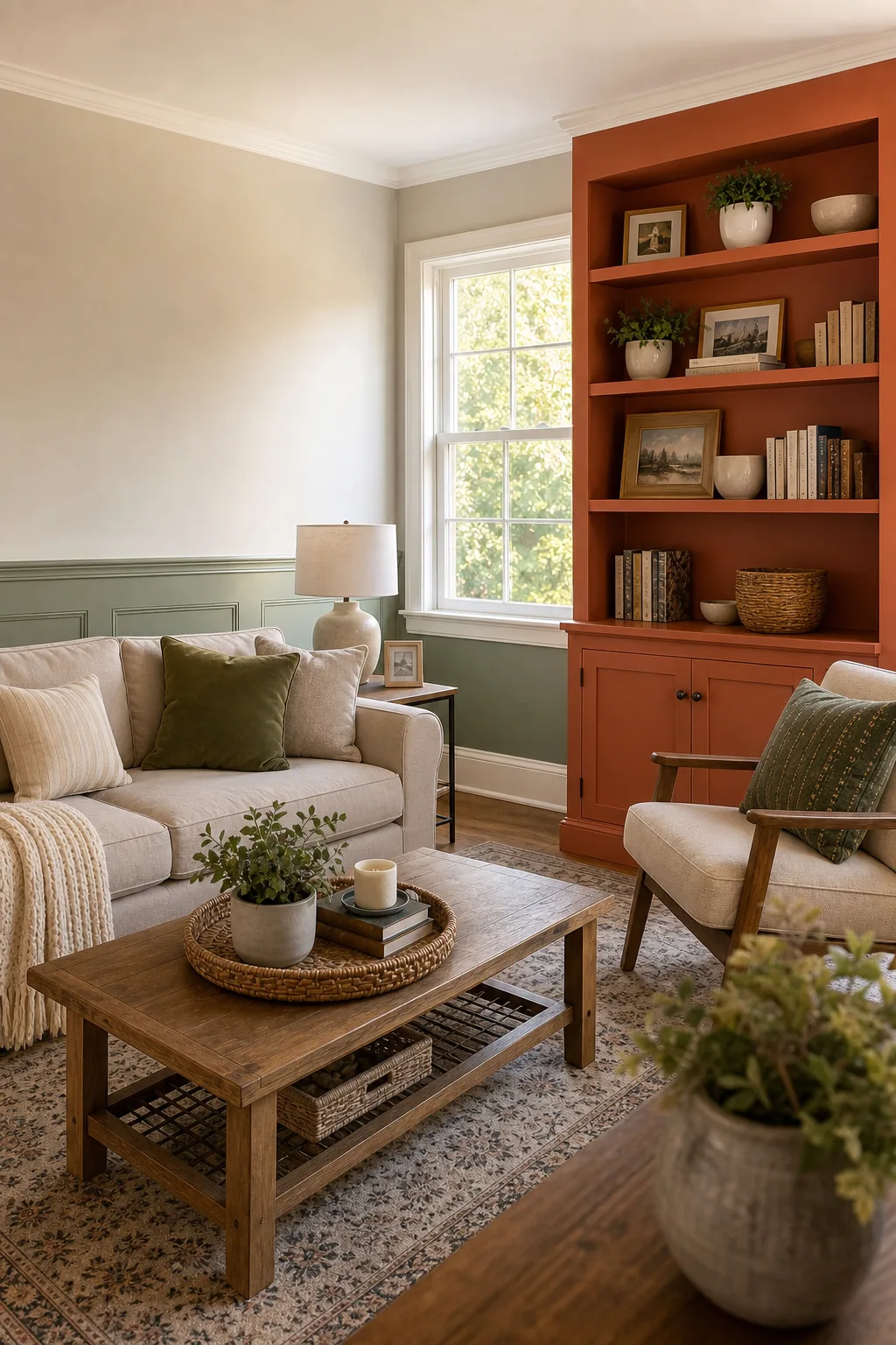 Low angle view showing beige wall meeting white crown molding and a slightly tinted ceiling.