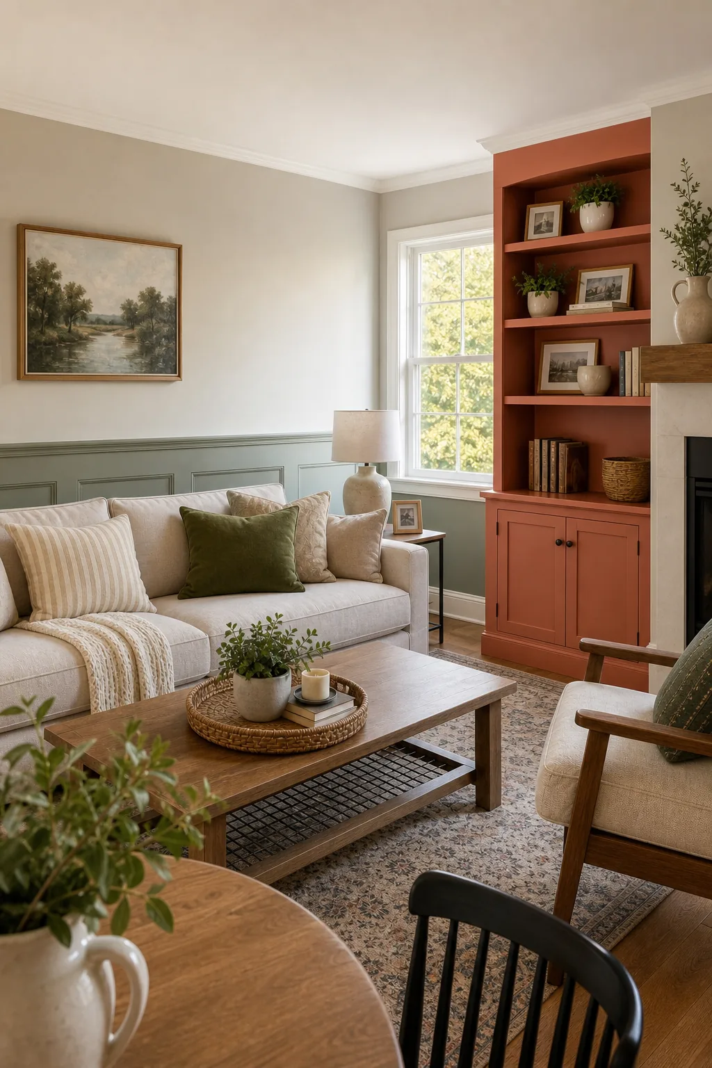 Corner view where sage green wainscoting meets a terracotta built-in shelf against a beige wall.