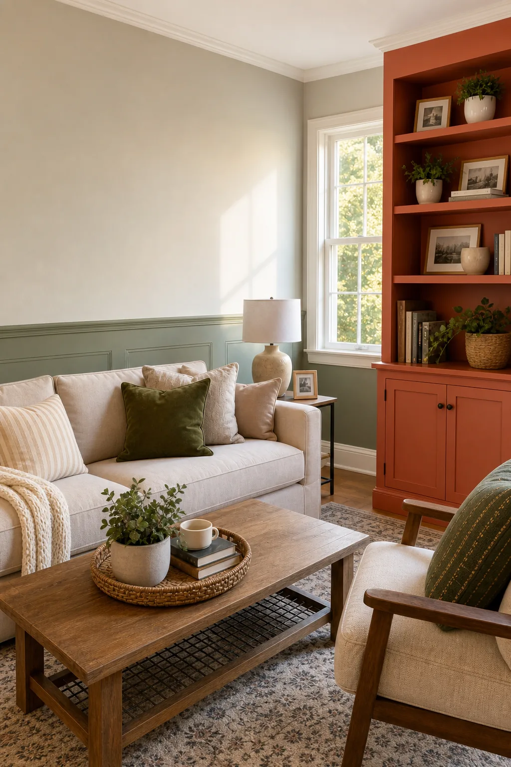 Three square painted color swatches resting on a rustic wooden coffee table.