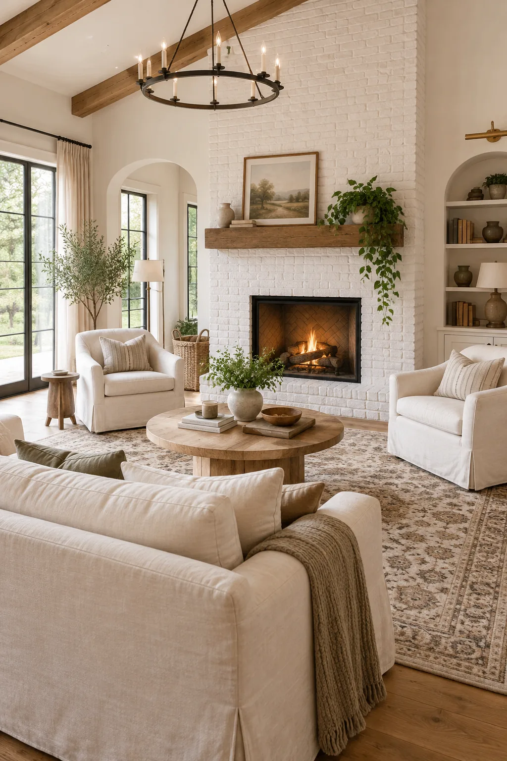A modern farmhouse living room with a white brick fireplace and slipcovered furniture.