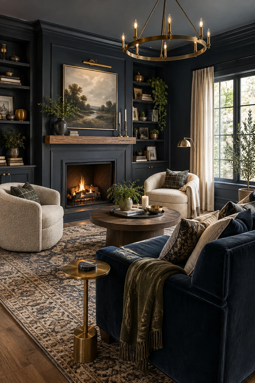 A moody transitional living room with navy blue walls, a velvet sofa, and brass accents.