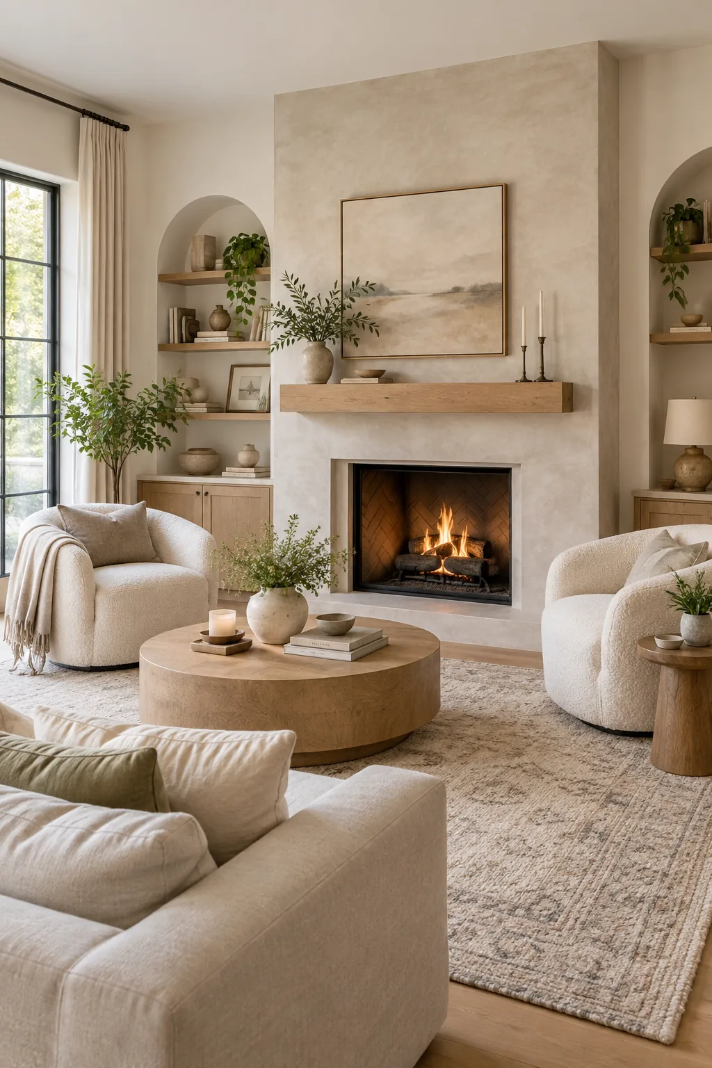 An organic modern living room with a limewash fireplace and light oak furniture.