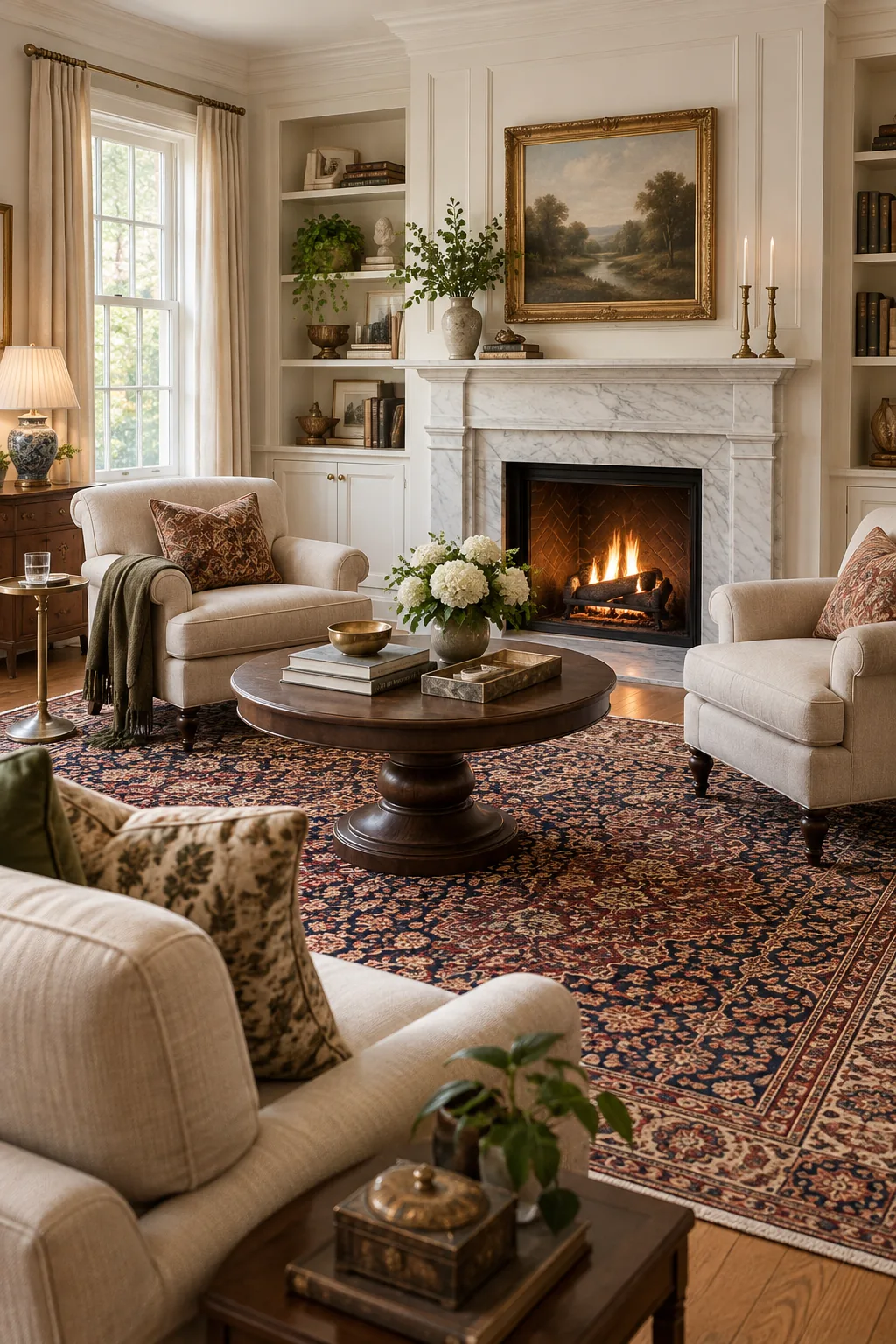 A classic traditional living room with a marble fireplace, rolled armchairs, and a Persian rug.