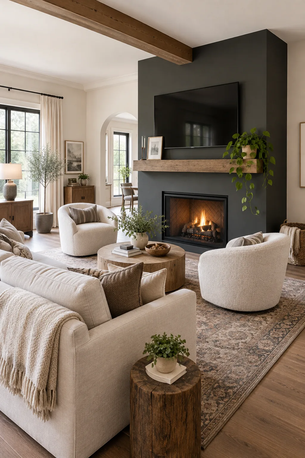 A flat screen TV mounted on a dark charcoal painted fireplace wall above a rustic wood mantel.