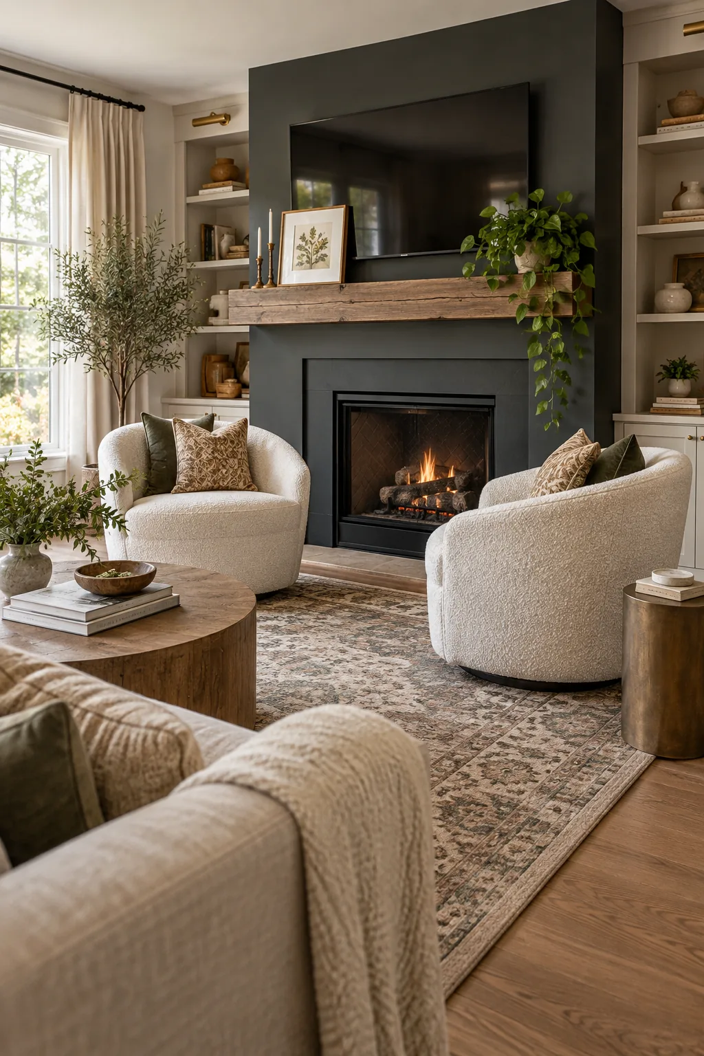 A clear walkway on a hardwood floor behind a light textured sofa facing a fireplace.