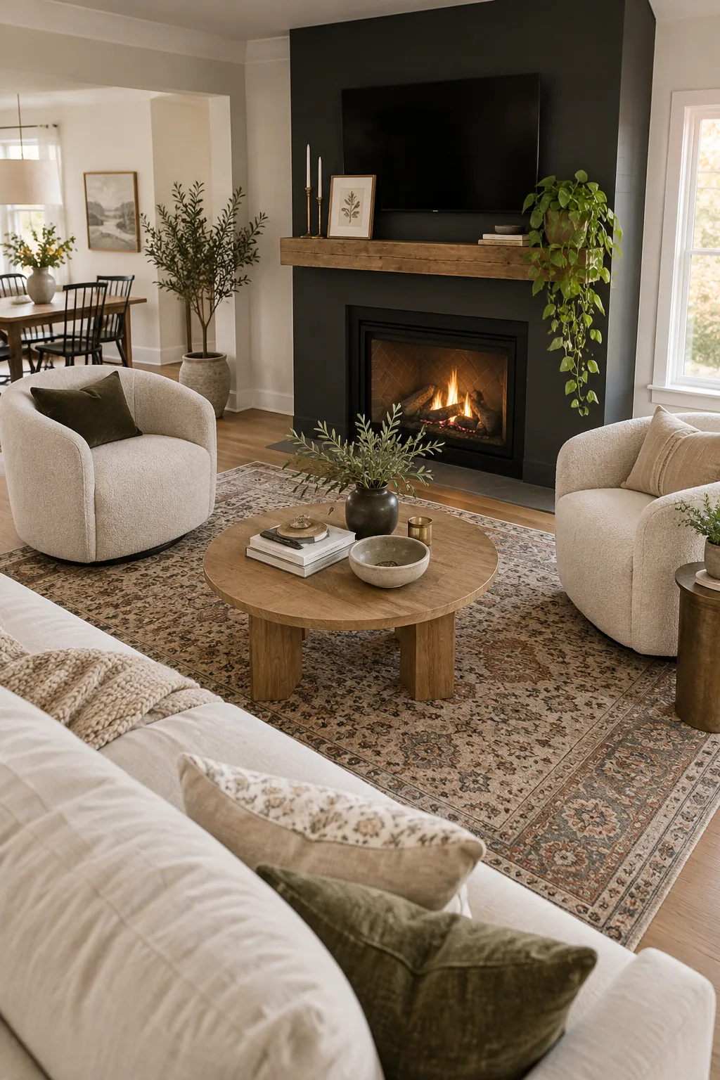 Two light boucle swivel chairs with throw pillows facing a fireplace.