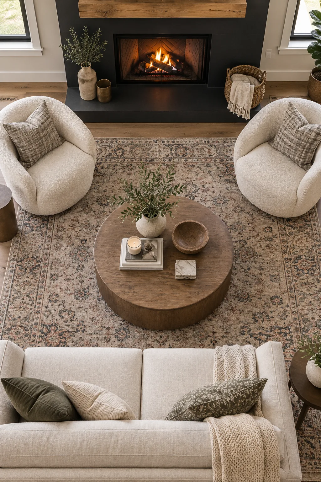Overhead view of a round wood coffee table centered between a sofa and chairs.