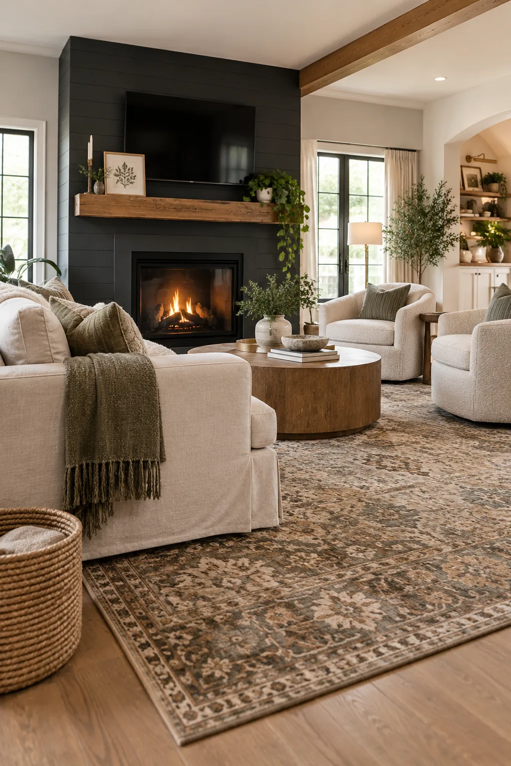 A vintage patterned area rug anchoring the front legs of a sofa and chairs.