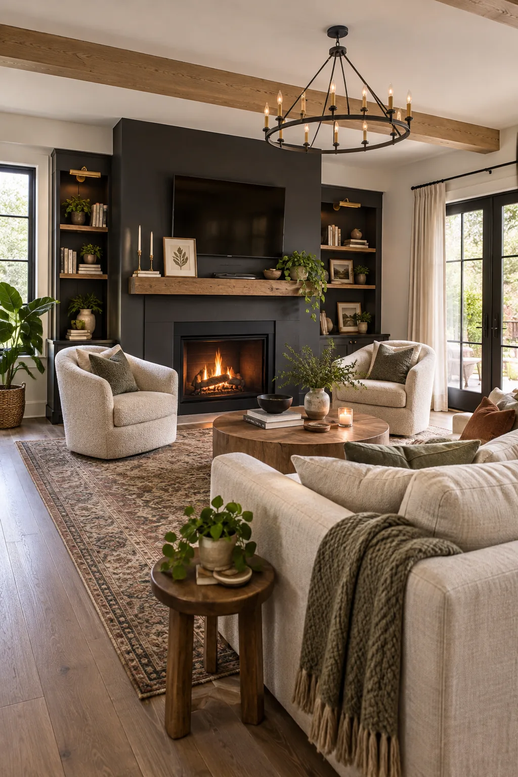 A complete, beautifully styled small living room with a glowing fireplace and perfectly arranged furniture.
