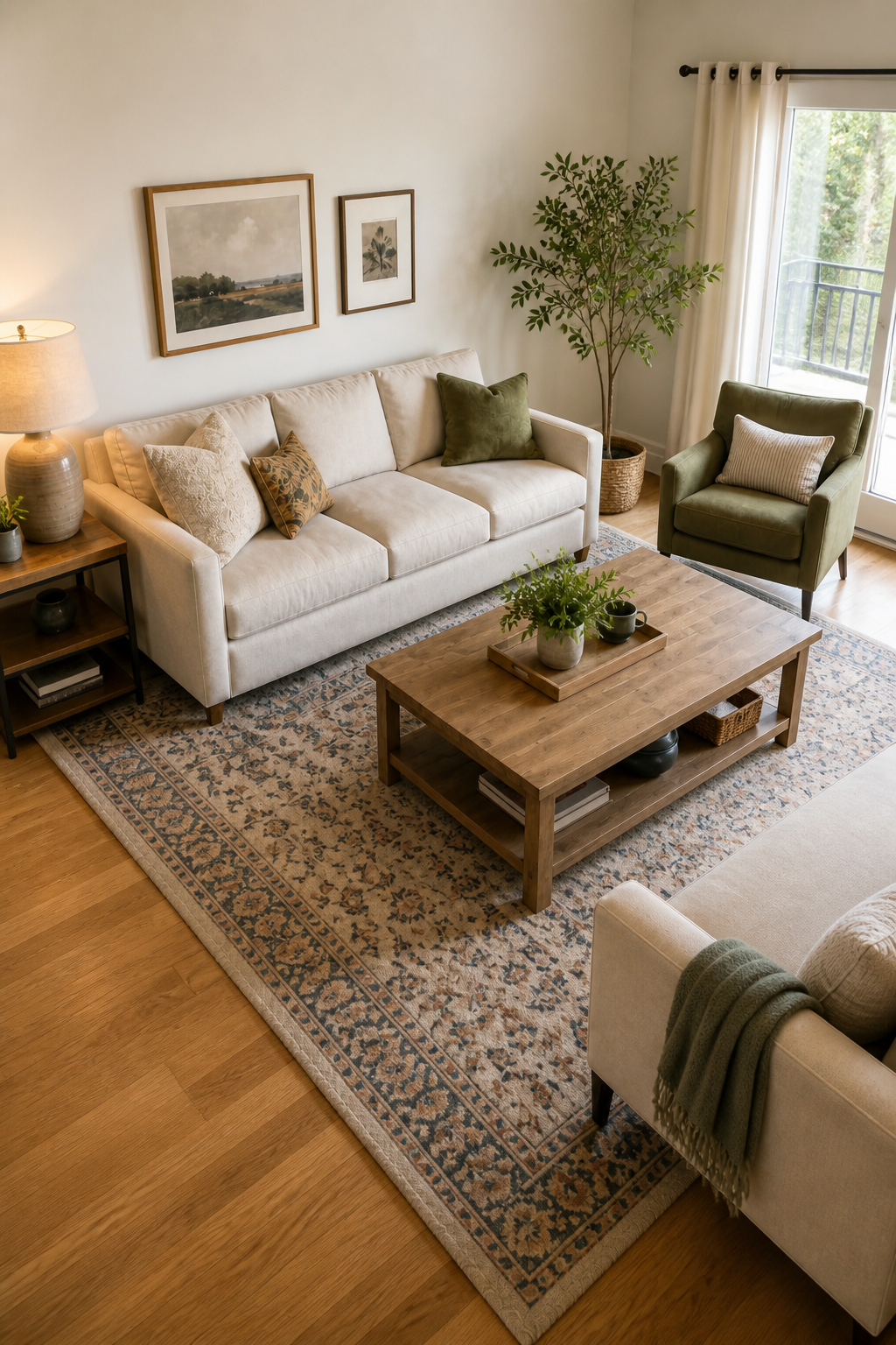 An elevated view of a living room seating arrangement showing the distance between the sofa, coffee table, and accent chair.