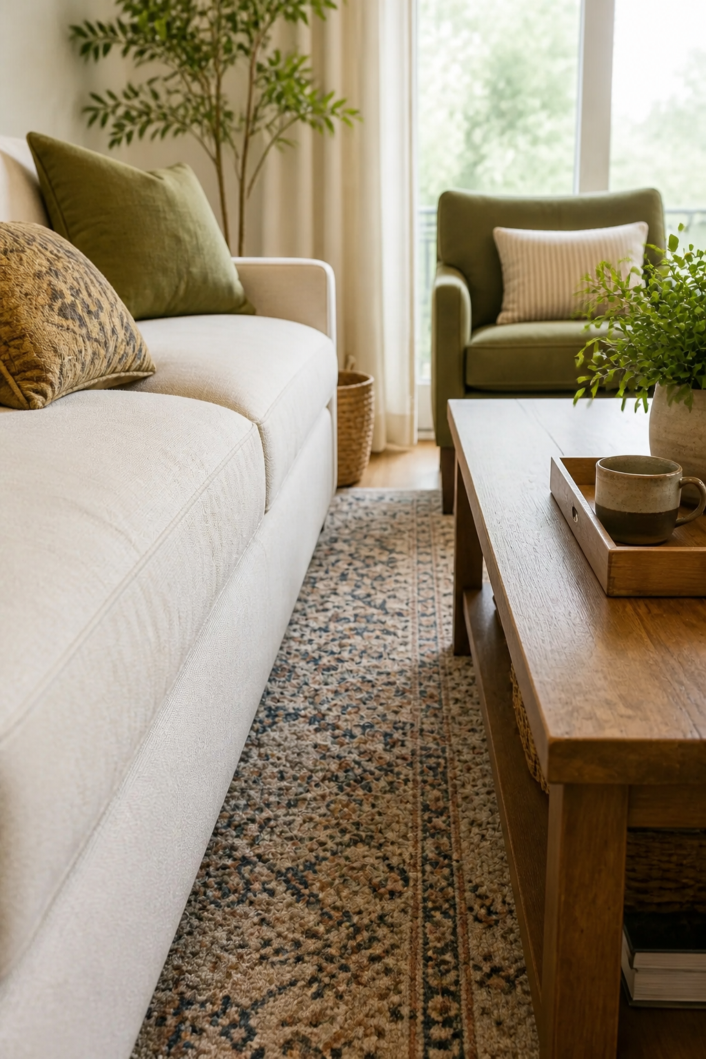 A close-up view of the narrow floor space separating a beige sofa from a wooden coffee table.